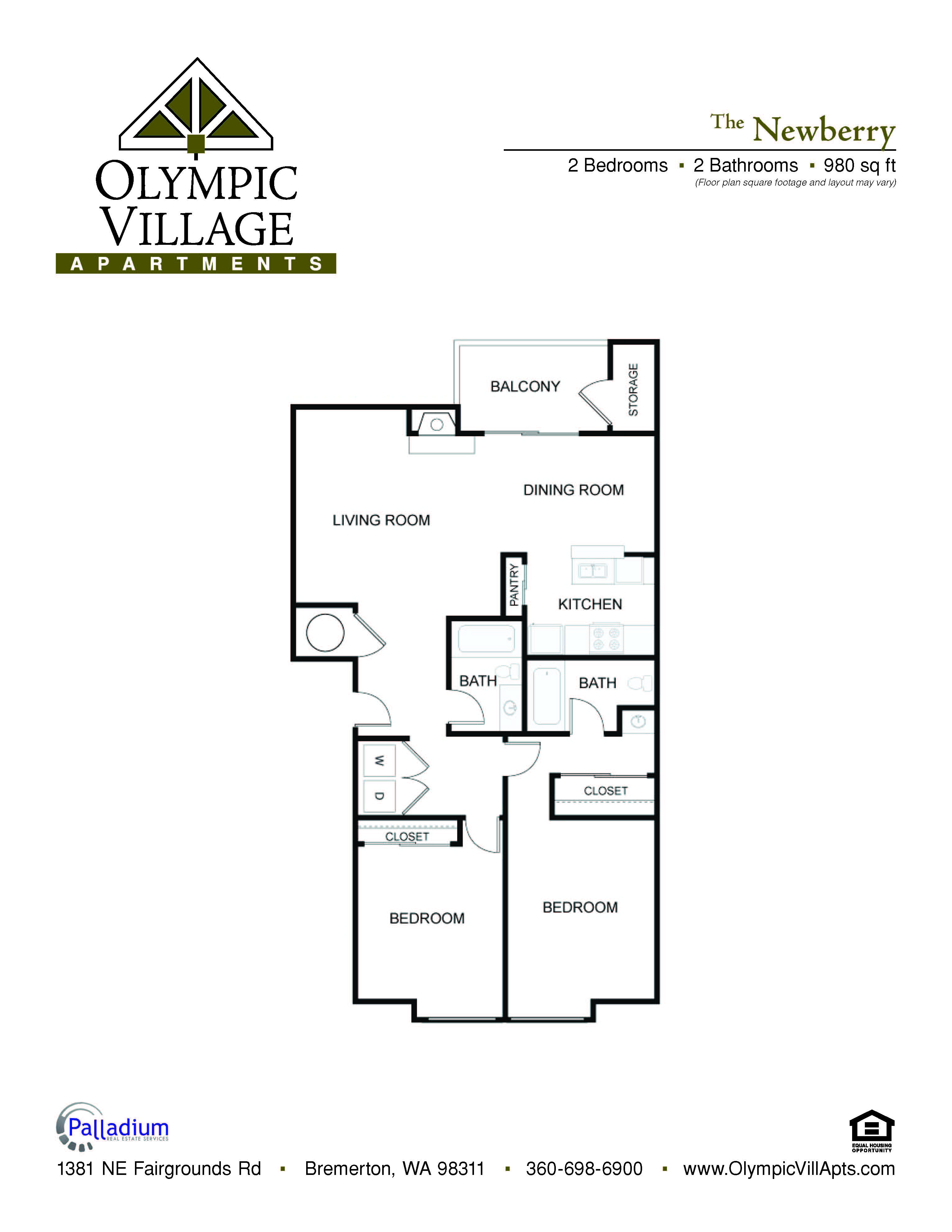 Floor plan for 2 beds, 2 baths, 980 sqft